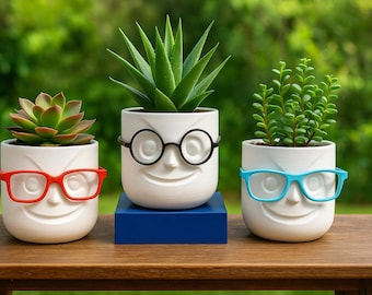 3D Printed Face Planter with Glasses: Fun Desk Decor