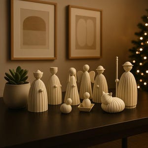 Belén minimalista impreso en 3D - Juego decorativo de 9 piezas (de 10 a 15 cm)