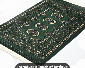 Handmade Bokhara Pure 100% Wool Rug - Traditional Antique Kilim Rectangle Carpet for Living Room Hand knotted rug - Dark Green - 3'x2' Size