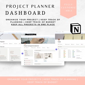 Op de afbeelding: Een screenshot van een computerscherm met een projectmanagementdashboard met de tekst "Project Planner Dashboard" bovenaan. Het dashboard is opgedeeld in drie secties: "Proposal", "Project Management Planner" en "Tasks". Het dashboard is ontworpen om gebruikers te helpen hun projecten te organiseren, de planning bij te houden en binnen budget te blijven.