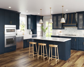 Navy Blue Shaker Kitchen Cabinets Wood Kitchen Cabinets, Kitchen Storage, Modern Farmhouse Decor, Solid Wood Cabinet, Free Quote