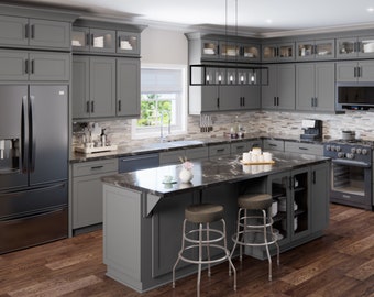 Shaker Grey  Kitchen Cabinets Wood Kitchen Cabinets, Kitchen Storage, Modern Farmhouse Decor, Solid Wood Cabinet, Free Quote