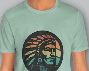 Retro Native Chief Silhouette Shirt|Sunset Colors Indigenous gifts and tee|Native Heritage Tee|Tribal Pride Graphic