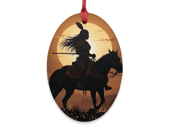 Clan Mothers Journey Wooden Ornament or Fridge Magnet Horseback Sunset Design Native Gifts