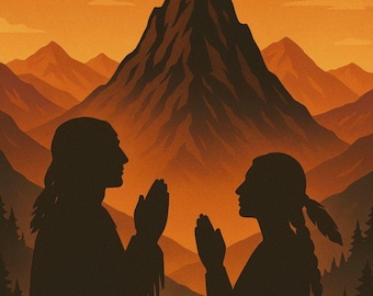 Póster de oración indígena/Arte mural tradicional de parejas indígenas/Arte paisajístico montañoso de los nativos americanos/Decoración del hogar del suroeste