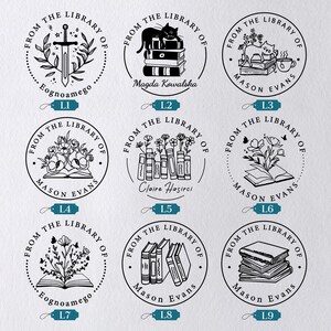 May include: Nine black and white circular stamps with the text "From the Library of" and various designs. Designs include a sword, a cat on books, flowers, and stacks of books. Names are also included.