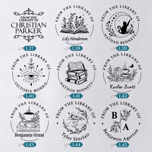 May include: A collection of nine black and white library stamps with various designs. Each stamp features the phrase "From the Library of" and a personalized name. Designs include books, cats, and floral elements.