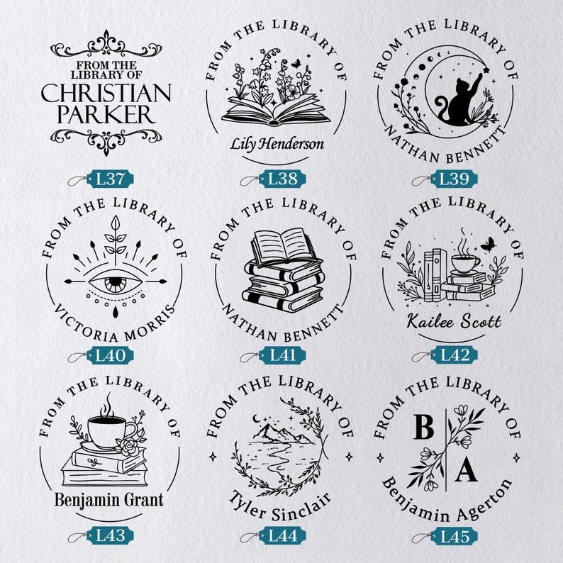 May include: A collection of nine black and white library stamps with various designs. Each stamp features the phrase "From the Library of" and a personalized name. Designs include books, cats, and floral elements.