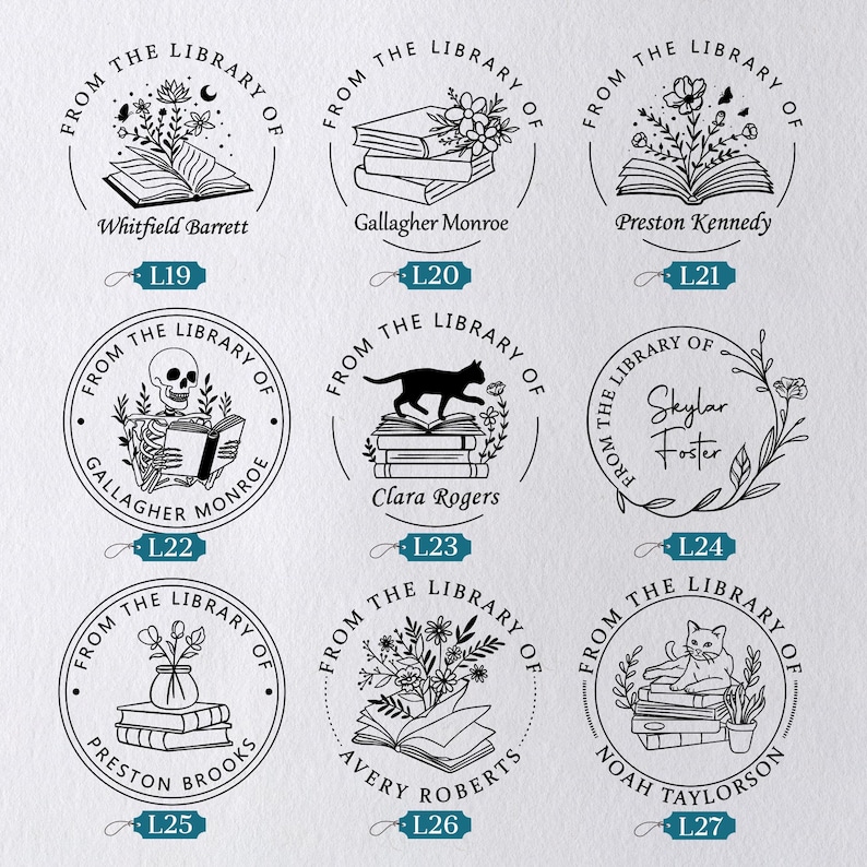 May include: A collection of personalized library stamps with black ink designs. Each stamp features the text "From the Library of" and a name, along with various illustrations such as books, flowers, and a cat.