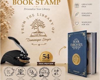 May include: A black metal book embosser tool with a gold circular stamp plate, displayed alongside a blue magnetic gift box labeled Book Embosser. The image features text examples including Custom Book Stamp and From The Library Of.