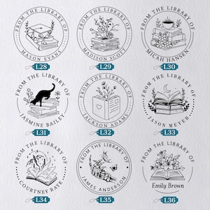 May include: Nine circular stamps with the text "From The Library Of" around the edge. Each stamp features a unique illustration, including a graduation cap, flowers, a cat, a heart, a cup of tea, a moon, a skeleton hand, and an open book.