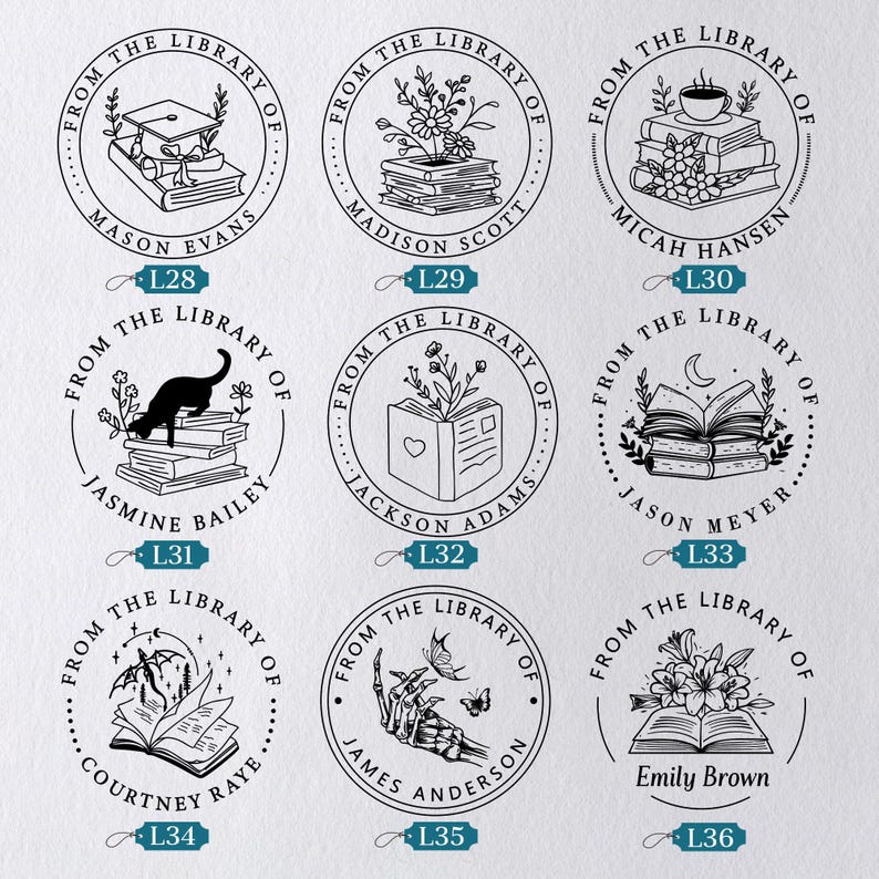 May include: Nine circular stamps with the text "From The Library Of" around the edge. Each stamp features a unique illustration, including a graduation cap, flowers, a cat, a heart, a cup of tea, a moon, a skeleton hand, and an open book.