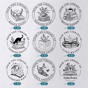May include: Nine circular stamps with the text "From The Library Of" around the edge. Each stamp features a unique illustration, including a graduation cap, flowers, a cat, a heart, a cup of tea, a moon, a skeleton hand, and an open book.
