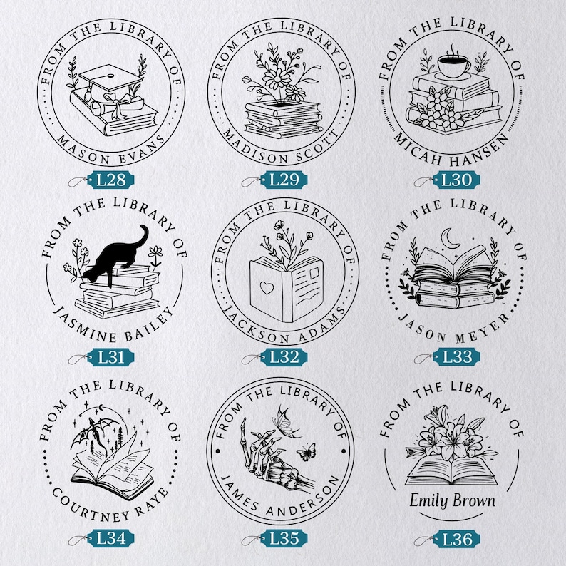 May include: Nine circular stamps with the text "From The Library Of" around the edge. Each stamp features a unique illustration, including a graduation cap, flowers, a cat, a heart, a cup of tea, a moon, a skeleton hand, and an open book.