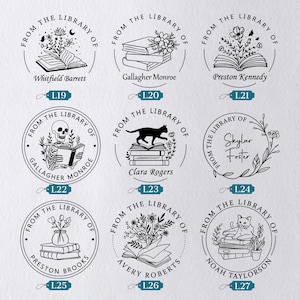 May include: A collection of personalized library stamps with black ink designs. Each stamp features the text "From the Library of" and a name, along with various illustrations such as books, flowers, and a cat.