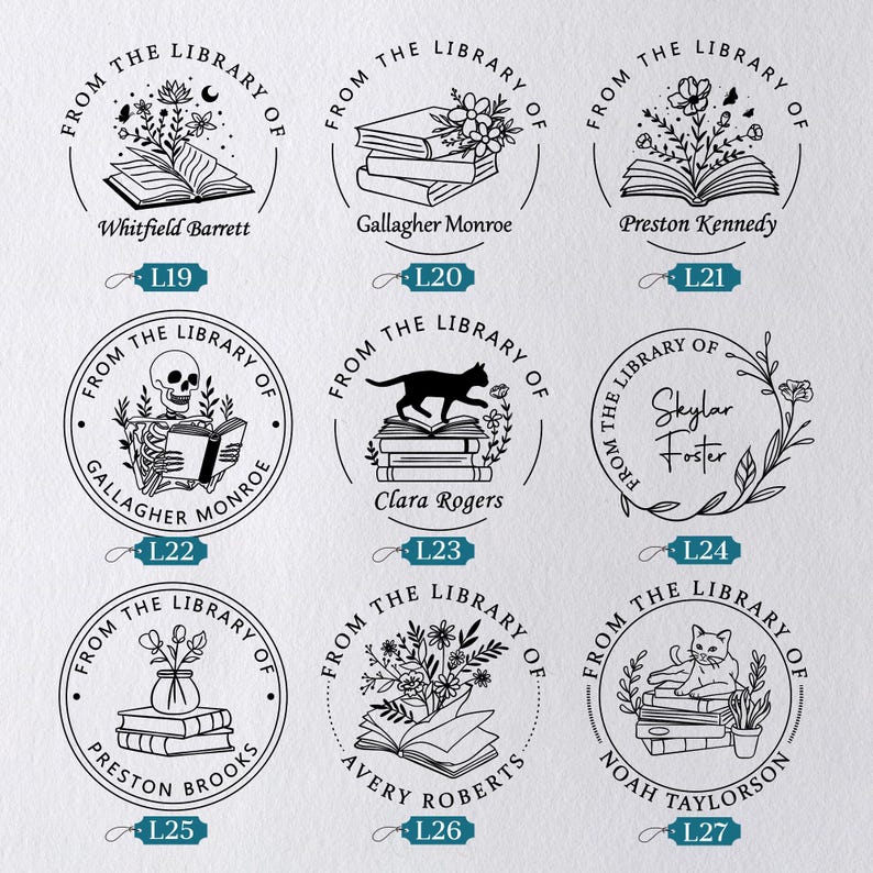 May include: A collection of personalized library stamps with black ink designs. Each stamp features the text "From the Library of" and a name, along with various illustrations such as books, flowers, and a cat.