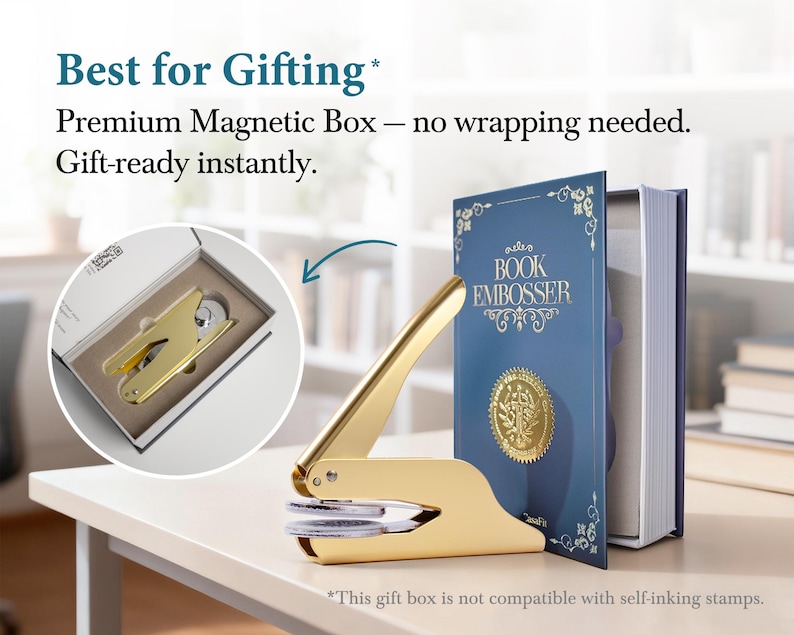 May include: A gold-colored book embosser with a long handle and a circular die, next to a blue book with gold lettering that reads "BOOK EMBOSSER". The image includes the text "Best for Gifting".
