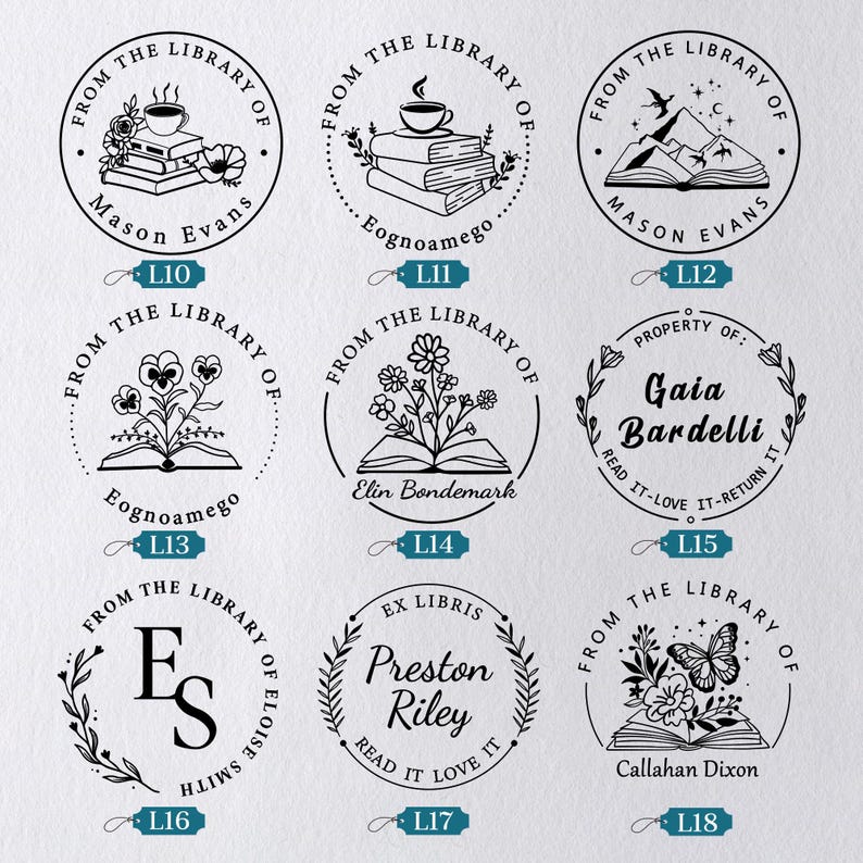 May include: A collection of nine round, black ink stamps with white backgrounds. The stamps feature various designs, including books, flowers, and text such as "From the Library of" and names like "Mason Evans" and "Preston Riley."