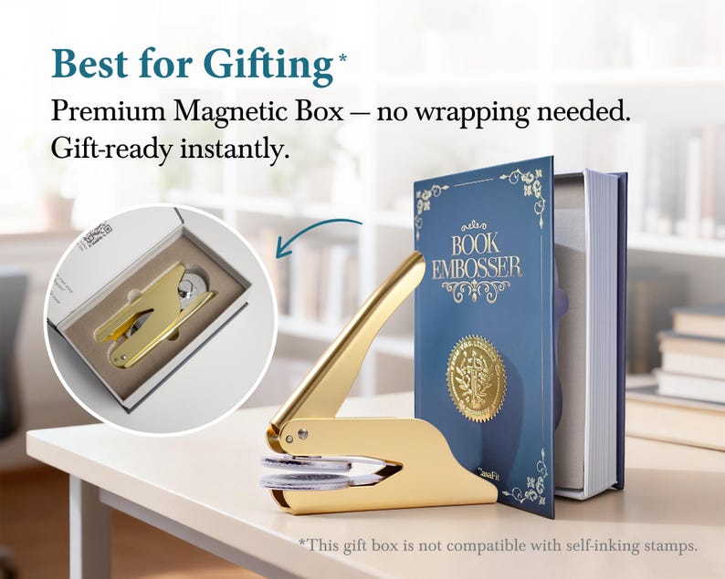 May include: A gold-colored book embosser with a long handle and a circular die, next to a blue book with gold lettering that reads "BOOK EMBOSSER". The image also shows a close-up of the embosser in a gift box. The text says "Best for Gifting".