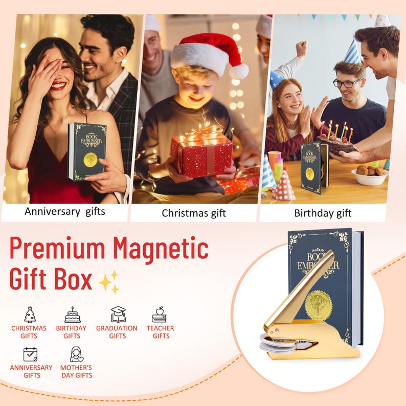 May include: A premium magnetic gift box with a gold-colored seal and a dark blue book. The image shows the gift box being given as an anniversary, Christmas, and birthday gift. The text includes "Premium Magnetic Gift Box" and gift ideas.