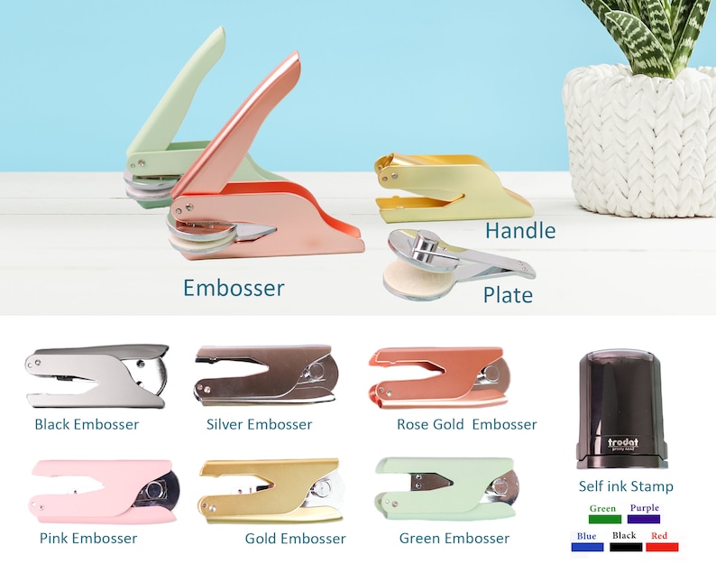May include: An assortment of embossers and a self-inking stamp are displayed. The embossers come in various colors, including black, silver, rose gold, pink, gold, and green. The self-inking stamp is black with color options: green, purple, blue, black, and red.