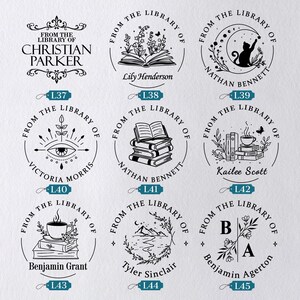 May include: A collection of personalized library stamps with various designs. Each stamp features the phrase "From the Library of" and a name, surrounded by decorative elements such as flowers, books, and celestial motifs.