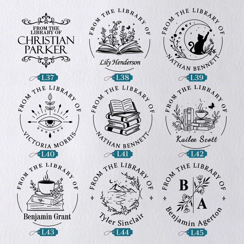 May include: A collection of personalized library stamps with various designs. Each stamp features the phrase "From the Library of" and a name, surrounded by decorative elements such as flowers, books, and celestial motifs.