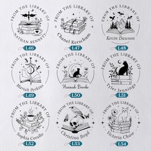 May include: Nine circular stamps with the text "FROM THE LIBRARY OF" and various illustrations. Designs include books, cats, mountains, and a skull. Each stamp has a different name, such as Nathan Bennett and Mariah Perkins.