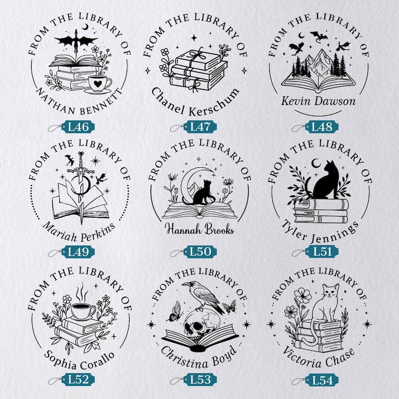 May include: Nine circular stamps with the text "FROM THE LIBRARY OF" and various illustrations. Designs include books, cats, mountains, and a skull. Each stamp has a different name, such as Nathan Bennett and Mariah Perkins.