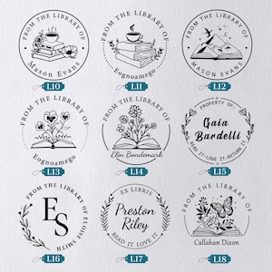 May include: A collection of nine round, black ink stamps with white backgrounds. The stamps feature various designs, including books, flowers, and text such as "From the Library of" and names like "Mason Evans" and "Preston Riley."