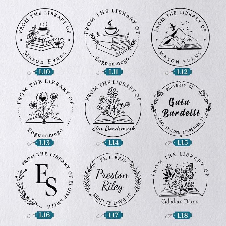 May include: A collection of nine round, black ink stamps with white backgrounds. The stamps feature various designs, including books, flowers, and text such as "From the Library of" and names like "Mason Evans" and "Preston Riley."