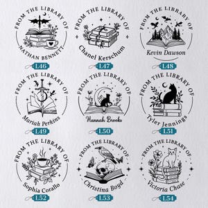 May include: Nine circular stamps with the text "FROM THE LIBRARY OF" and various illustrations. Designs include books, a cat, a raven, a skull, and a cup of coffee. Names are printed below each design.