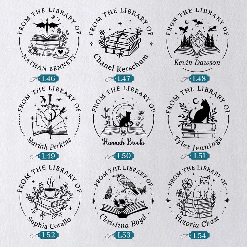 May include: Nine circular stamps with the text "FROM THE LIBRARY OF" and various illustrations. Designs include books, a cat, a raven, a skull, and a cup of coffee. Names are printed below each design.