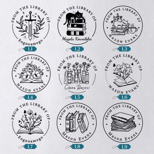 May include: Nine black and white circular stamps with the text "From the Library of" and various designs. Designs include a sword, a cat on books, flowers, and stacks of books. Names are included.