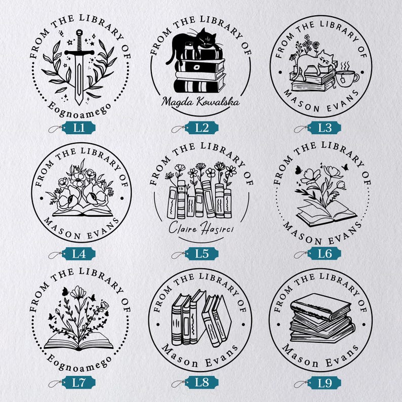 May include: Nine black and white circular stamps with the text "From the Library of" and various designs. Designs include a sword, a cat on books, flowers, and stacks of books. Names are included.