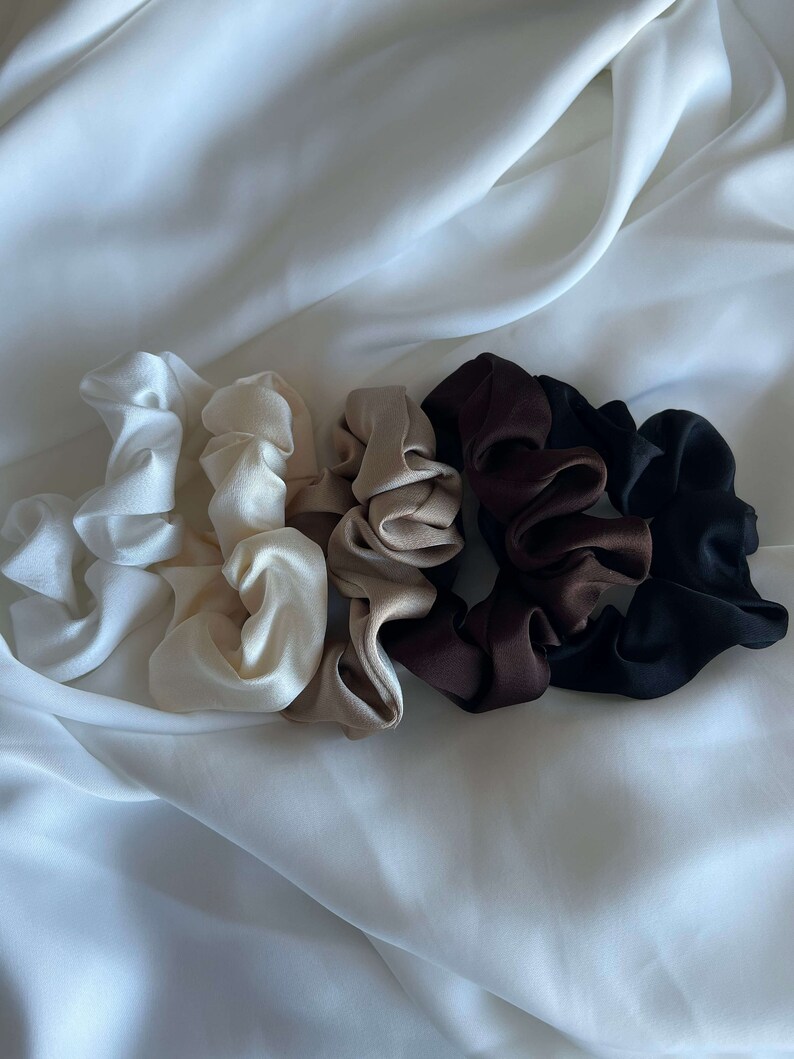 Silk Scrunchie SET 5pc, SILK Satin scrunchies, corbata de seda para el cabello, accesorios para el cabello, diadema, scrunchy, diadema, cabello vegano, regalo para ella imagen 1