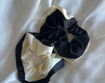 Silk Scrunchie SET 2pc, scrunchies negros y beige claro, corbata para el cabello, accesorios para el cabello, diadema, scrunchy, diadema, cabello vegano, regalo para ella