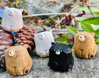 Set of 3 Adorable Healing Handcrafted Mini Wooden Bear Figurine, Black, White, Brown Bears, Rustic Basswood, Perfect Gift for Anyone