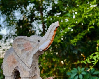 Adorable Hand-made Carved Wooden Elephant Healing Figurine, Unique Rustic Basswood Elephant Sculpture, Perfect Gift for Safari Animal Lovers