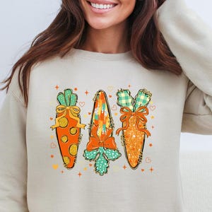 Sweater met vrolijk Pasen-wortel, sweater met paasdag voor damestuin, sweater met lentekonijn, paascadeau voor vrouw