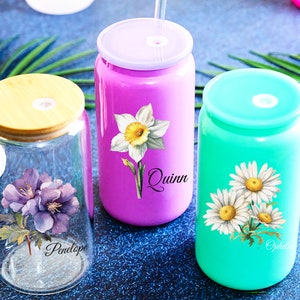 Customized Bridesmaid Wedding Cup, Birth Flower Glass Cup, Birth Flower Tumbler, Glass Cup with Lid, 16oz Glass with Straw, Iced Coffee Cup