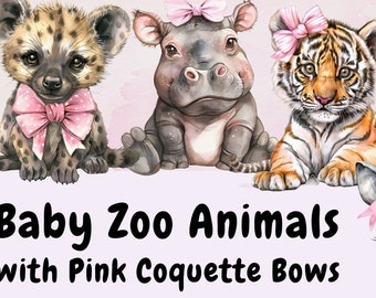 Baby Zoo Animals Clipart: Pink Bow Safari, Watercolor PNG (Digital Download)