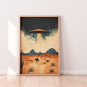 UFO Western Wall Art | Vintage Cowboy Decor | Retro Sci-Fi Canvas Print | Unique Alien Artwork for Home Aesthetic | Retro Cowboy UFO Art