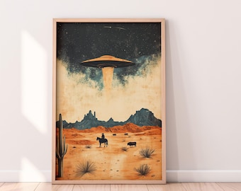 Arte mural de ovnis del Oeste / Decoración vaquera vintage / Lienzo con estampado retro de ciencia ficción / Obra de arte alienígena única para la estética del hogar / Arte retro de ovnis y vaqueros