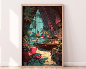 Vintage Tiki Bar Printable Wall Art | Moody Tiki Bar Wall Art | Vintage Pulp Style Tropical Bar | Midcentury Dark Fantasy Resort Decor
