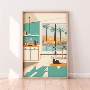 Può includere: Una stampa artistica incorniciata raffigura una scena di cucina moderna di metà secolo con vista su una piscina e palme. La tavolozza dei colori comprende verde acqua, beige e arancione. Un gatto nero è seduto su un tappeto arancione vicino a un tavolo e sedie.