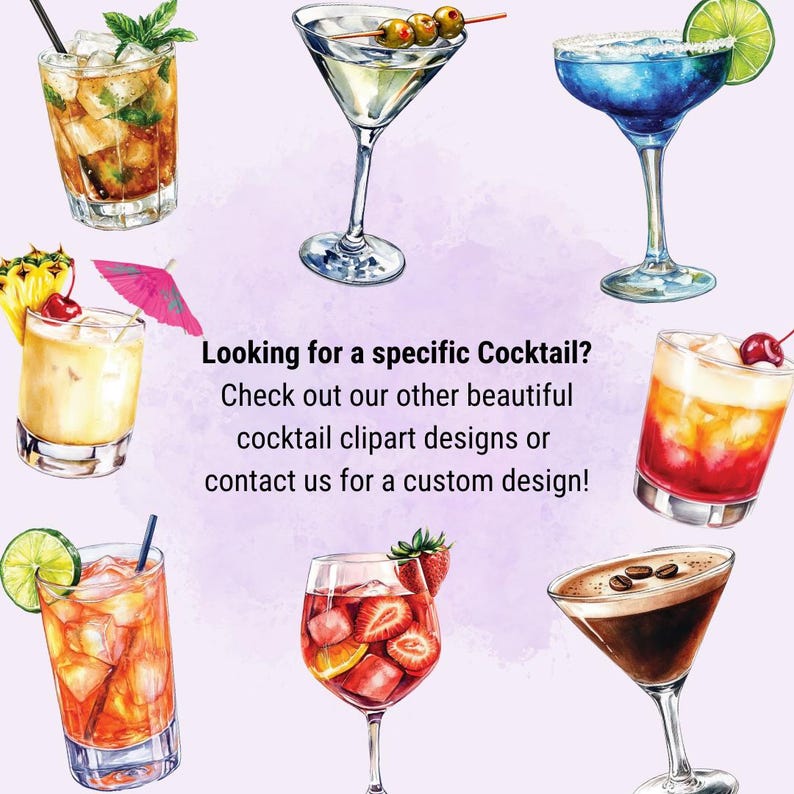 May include: Watercolor illustration of various cocktails, including a martini with olives, a blue margarita with a lime wedge, and a rum-based drink with mint. Text: Looking for a specific Cocktail?