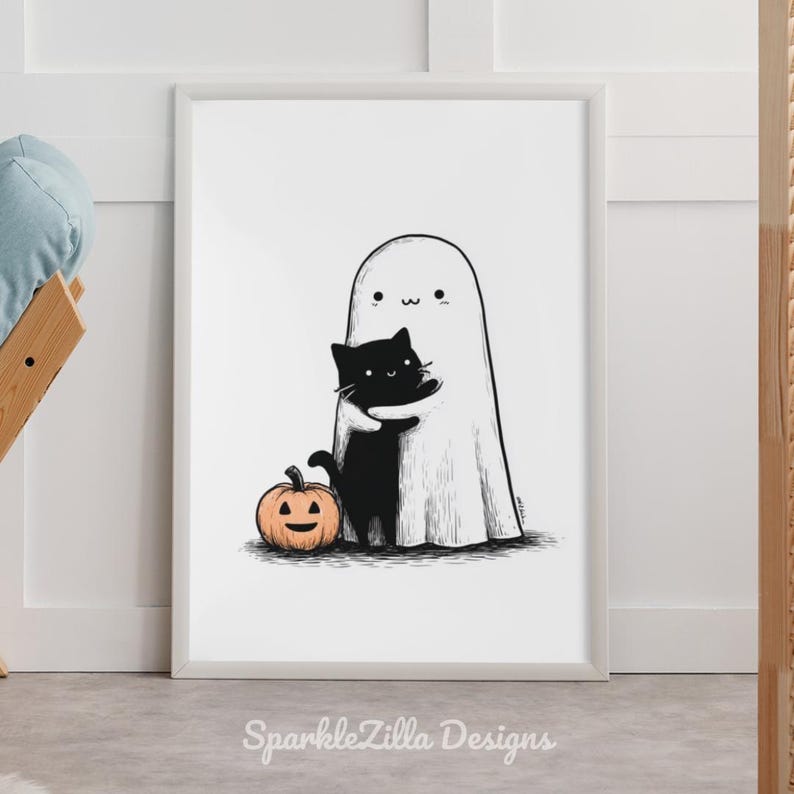 Halloween ghost and cat cozy digital print framed in living room.