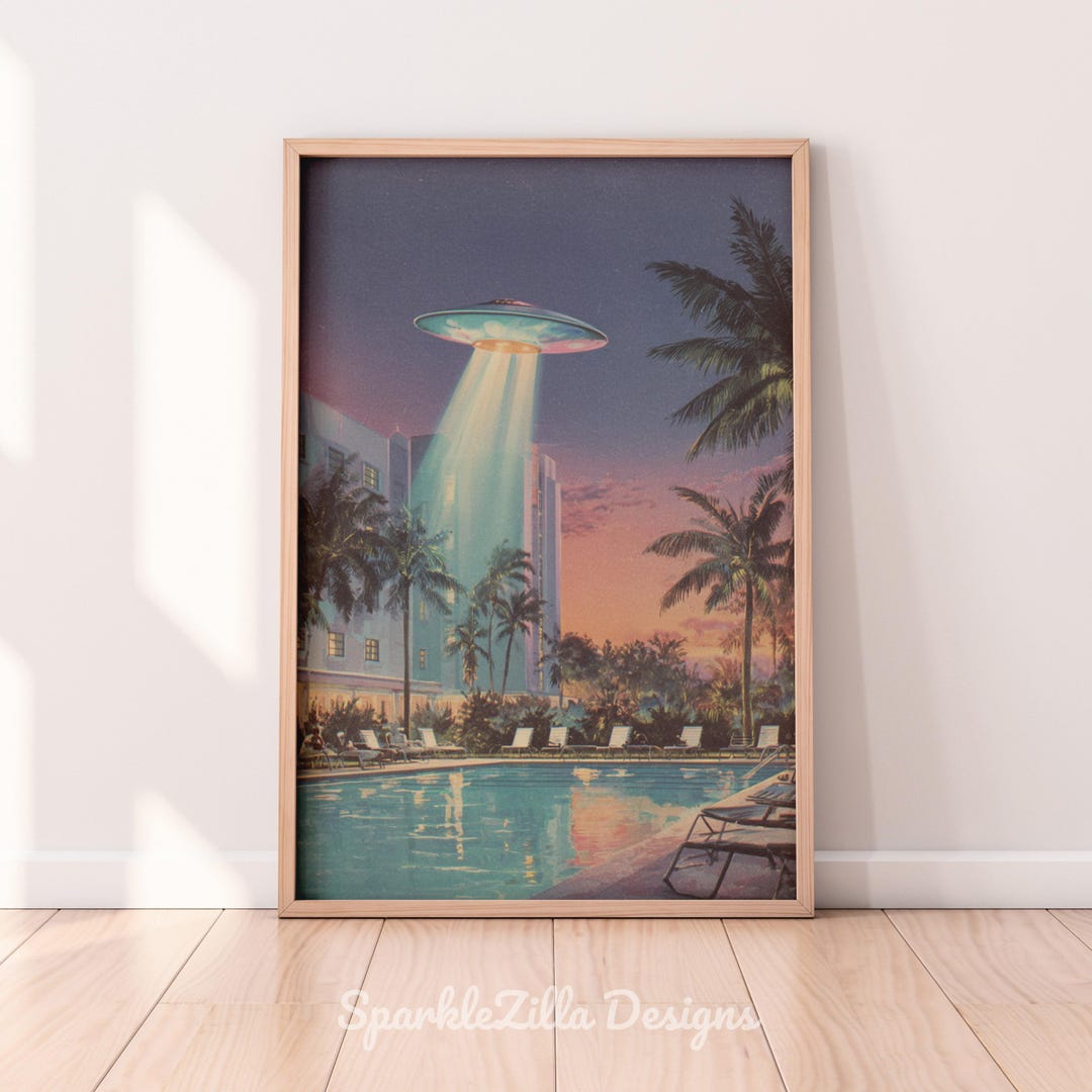 Retro UFO Poolside Wall Art Print, Vintage Palm Springs Hotel Poster ...