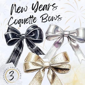 Lindos lazos de Año Nuevo con coquetas, acuarela, clipart, lazo dorado, lazo plateado, descarga instantánea, lazo de coqueta para sublimación, lazo metálico